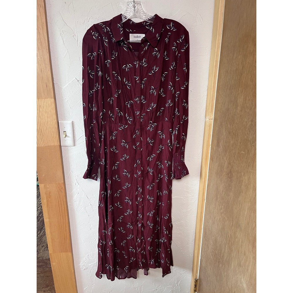 ba&sh Burgundy Floral Print Long Sleeve Midi Dress Size 2 / US 8